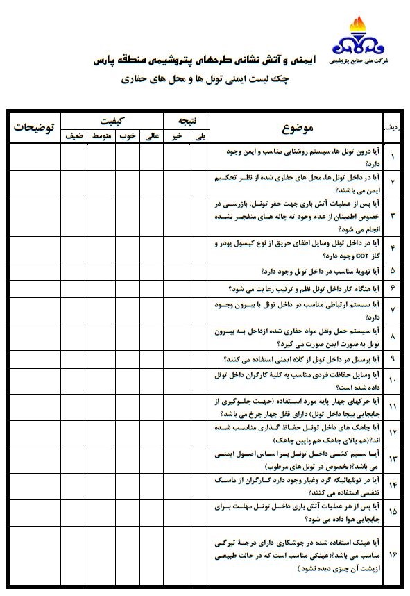 چک لیست ایمنی تونل ها و محل های حفاری